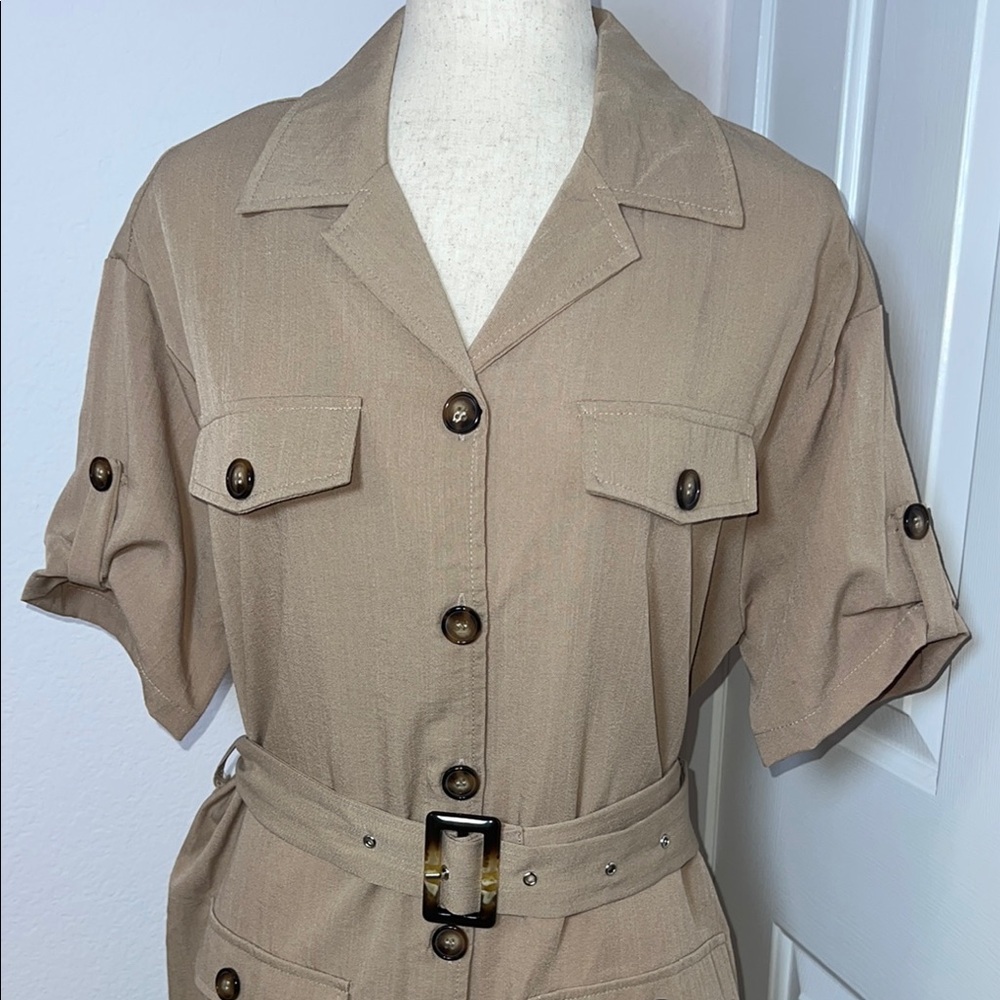Fashion Nova Tan Button-Up Dress with Belt - Picture 6 of 7